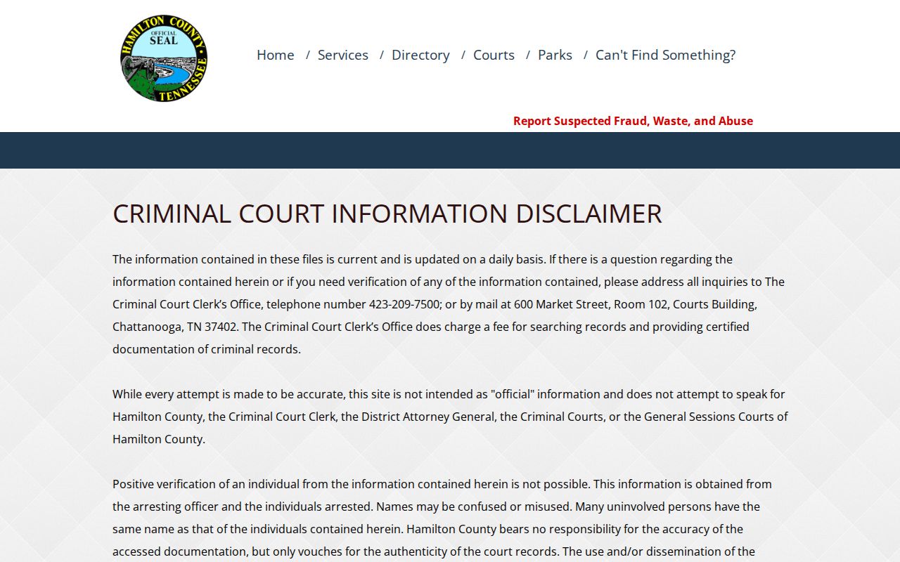 Hamilton County criminal case docket disclaimer and entry screen